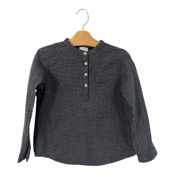 Buho Boys Shirt Mock Collar Size 8 Cotton Mini Check Black Grey Long Sleeve - Picture 1 of 5